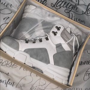 White glitter Lace-Up Fabric Combat Boots